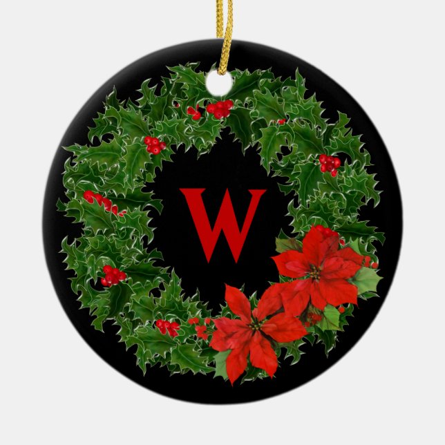 Monogram Holly Wreath on Black - 2 Sided Ceramic Ornament (Front)
