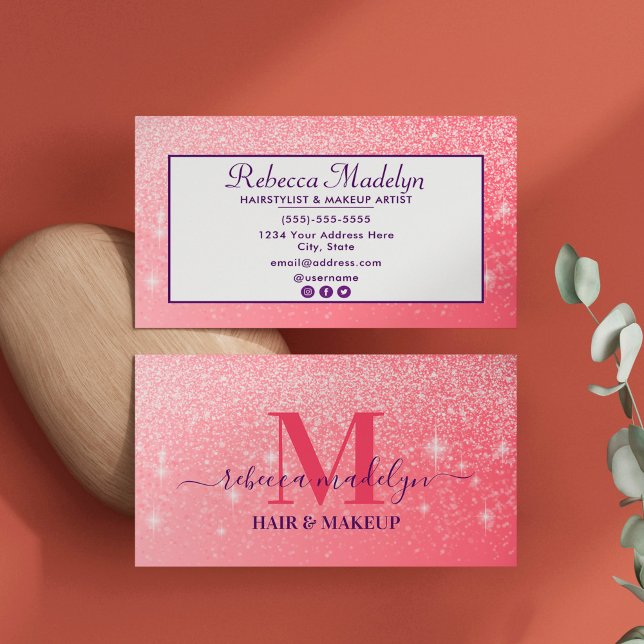 Monogram Holographic Signature Script Pink Glitter Business Card (Creator Uploaded)