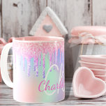Monogram holographic unicorn glitter rainbow name coffee mug<br><div class="desc">A trendy holographic background with unicorn and rainbow pastel colours in pink, purple, rose gold, mint green. Decorated with faux glitter drips in rose gold, pink and purple. Personalize and add your monogram initials and name. Pink and white coloured letters. A bit of everyday glam to brighten up your day!...</div>