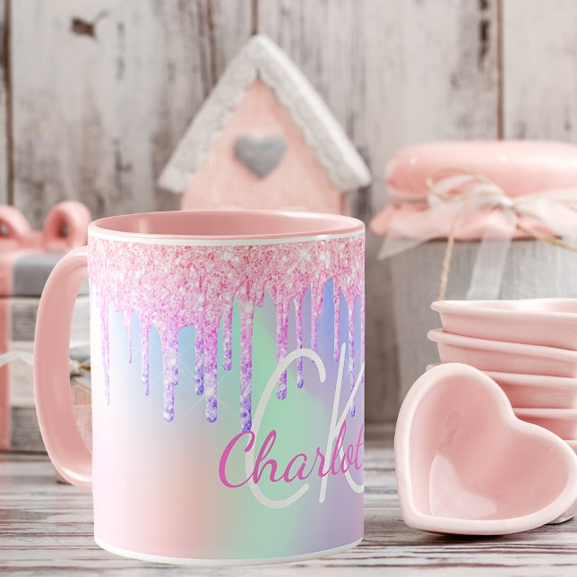 Monogram holographic unicorn glitter rainbow name mug (Creator Uploaded)