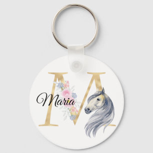 Monogram horse cute floral girly equestrian name keychain
