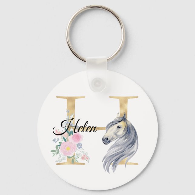 Monogram horse cute floral girly equestrian name   keychain (Front)