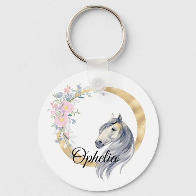 Monogram horse cute floral girly equestrian name   keychain (Front)