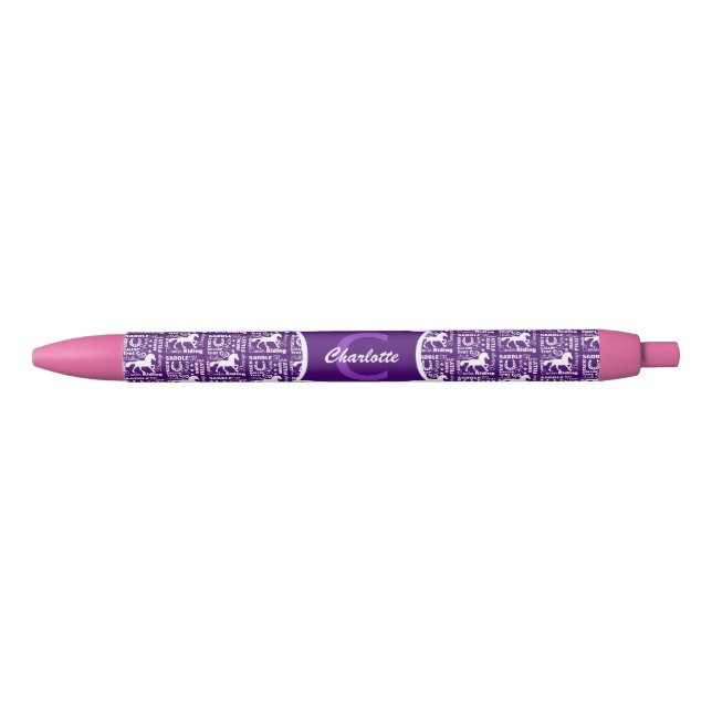Monogram Horse Riding Cute Girly Purple White Black Ink Pen (Front)