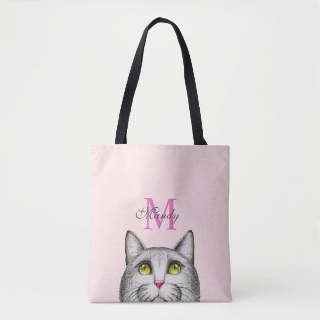Monogram Hot Pink And Grey On Pink Cat Face Tote Bag (Front)