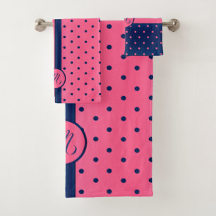 Monogram Hot Pink and Navy Polka Dot Pattern Bath Towel Set