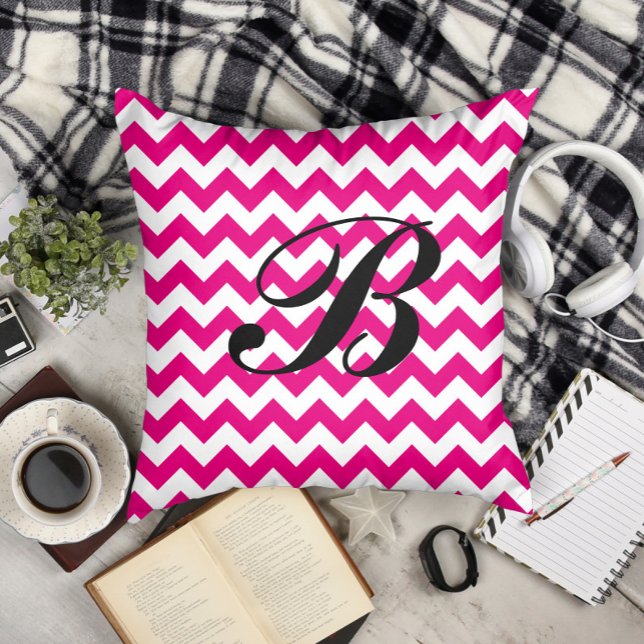 Monogram Hot Pink and White Chevron Throw Pillow (Monogram Hot Pink and White Chevron Throw Pillow)
