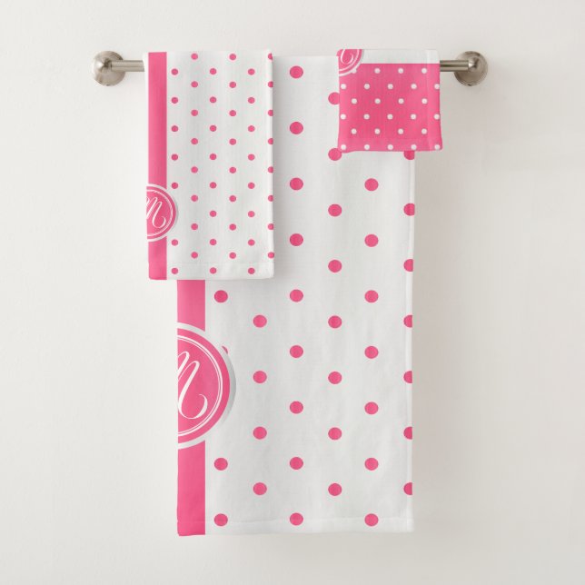 Monogram Hot Pink and White Polka Dot Pattern Bath Towel Set (Insitu)
