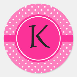 Monogram Hot Pink and White Polka Dot Pattern Classic Round Sticker