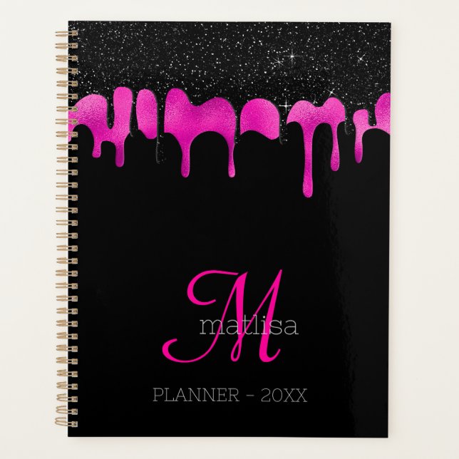 Monogram Hot Pink & Black Dripping Glitter Glam  Planner (Front)