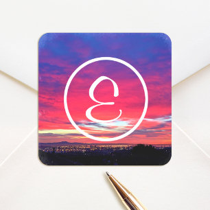 Monogram hot pink blue sunset photography modern square sticker