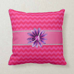 Monogram hot pink chevrons pink daisy throw pillow
