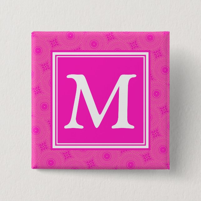 Monogram hot pink circles pattern 2 inch square button (Front)