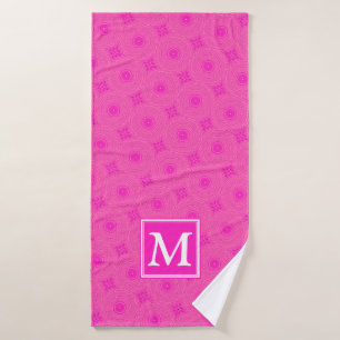 Monogram hot pink circles pattern bath towel