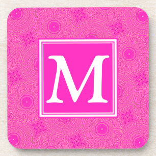 Monogram hot pink circles pattern coaster