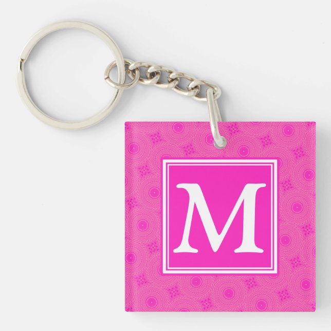 Monogram hot pink circles pattern keychain (Front)