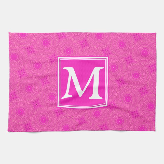 Monogram hot pink circles pattern kitchen towel (Horizontal)