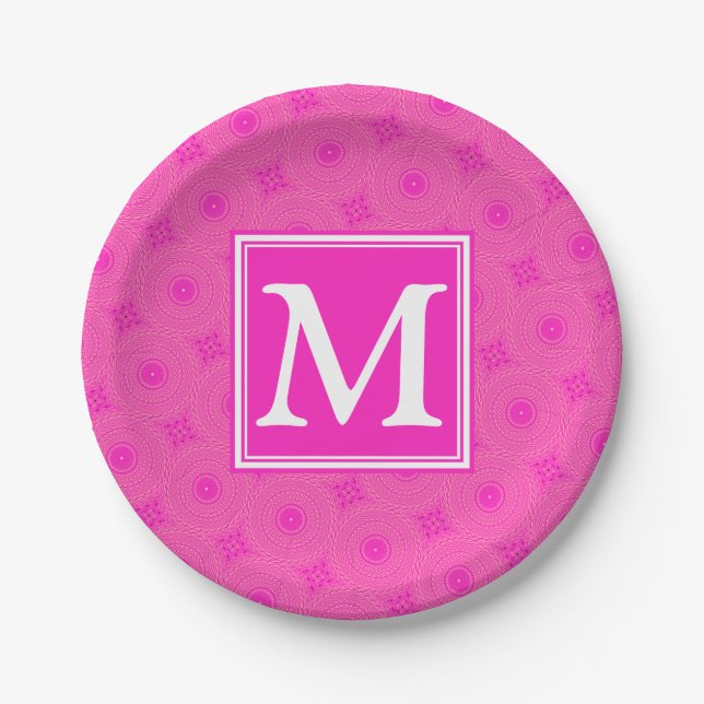Monogram hot pink circles pattern paper plate (Front)