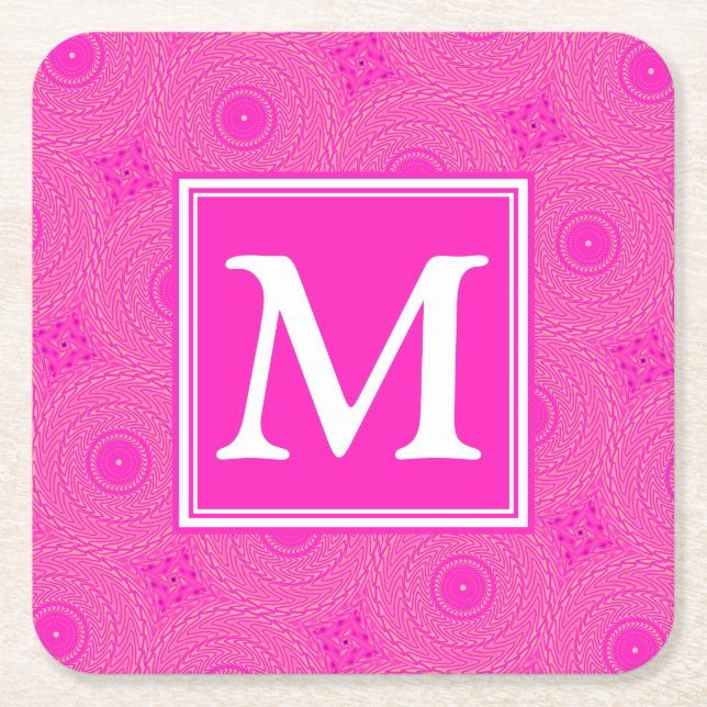 Monogram hot pink circles pattern square paper coaster (Front)