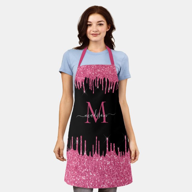 Monogram Hot Pink Dripping Glitter Black Apron (Worn)