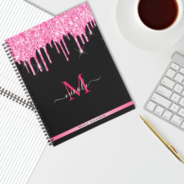 Monogram Hot Pink Dripping Glitter Black Notebook (Creator Uploaded)