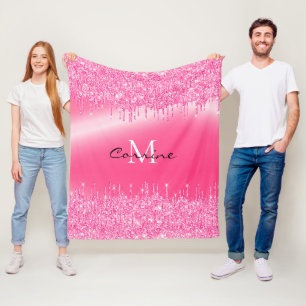 Monogram Hot Pink Dripping Glitter Metallic Name Fleece Blanket