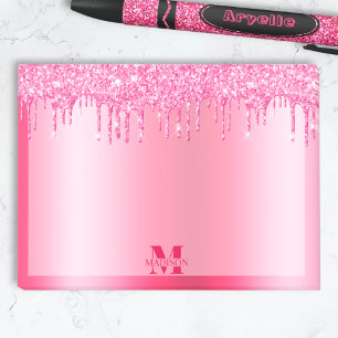 Monogram Hot Pink Dripping Glitter Metallic Post-it Notes