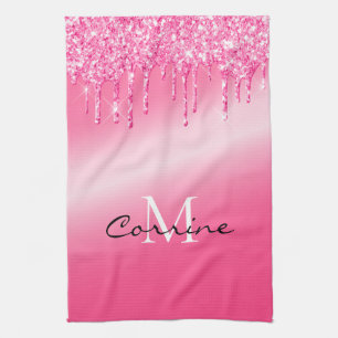 Monogram Hot Pink Dripping Glitter Metallic Waffle Kitchen Towel