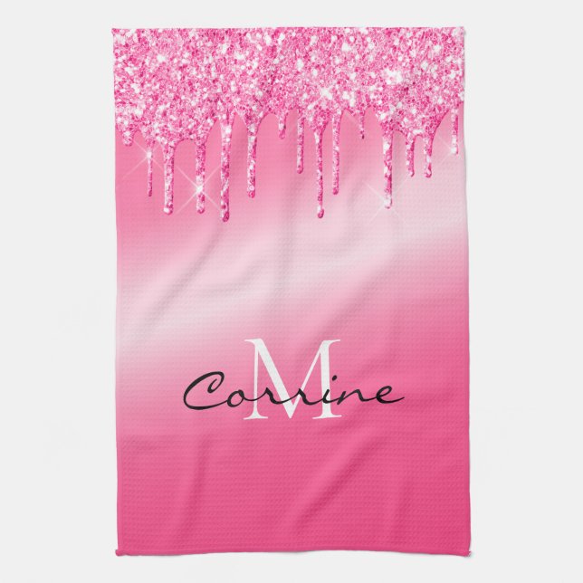 Monogram Hot Pink Dripping Glitter Metallic Waffle Kitchen Towel (Vertical)