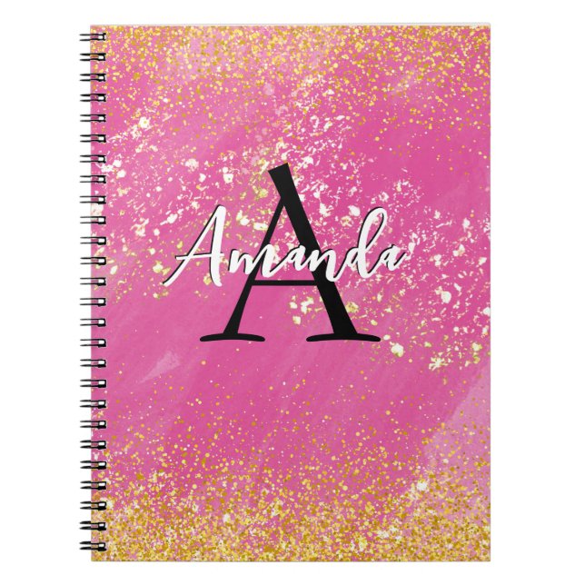 Monogram Hot Pink Glitter Add Your Name + Initial Notebook (Front)