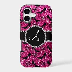 Monogram hot pink glitter black high heels bow
