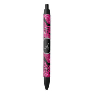Monogram hot pink glitter black high heels bow ink pen