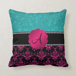 Monogram hot pink glitter damask turquoise glitter throw pillow
