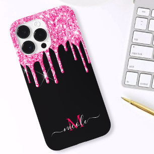 Monogram Hot Pink Glitter Drip + Black iPhone Case