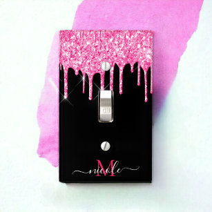 Monogram Hot Pink Glitter Drip on Black Wall Light Switch Cover