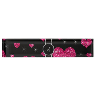 Monogram hot pink glitter hearts black diamonds nameplate