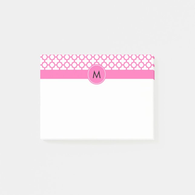Monogram Hot Pink Quatrefoil Pattern Post-it Notes (Front)