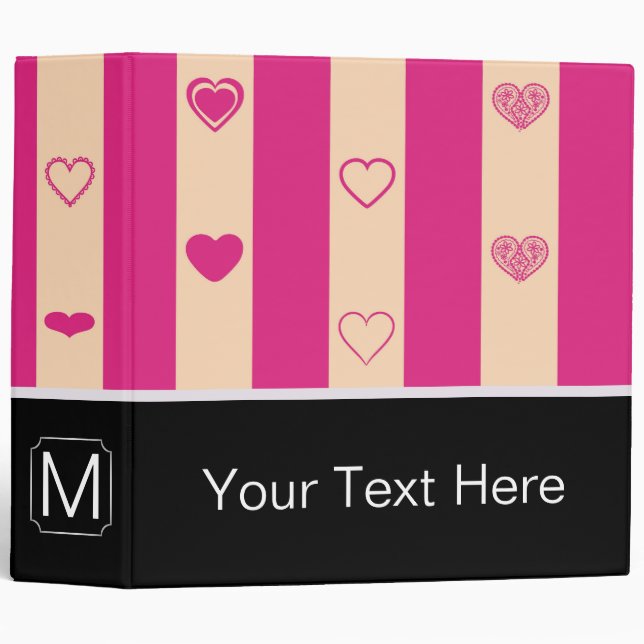 Monogram Hot Pink Stripes Modern Heart Pattern Binder (Front/Spine)