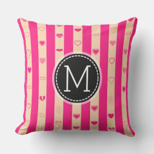 Monogram Hot Pink Stripes Modern Heart Pattern Throw Pillow