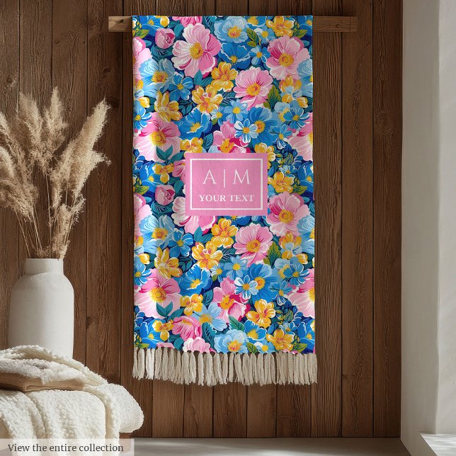 Monogram hot pink watercolor preppy flowers gift fleece blanket (Monogram hot pink watercolor preppy flowers gift Fleece Blanket )