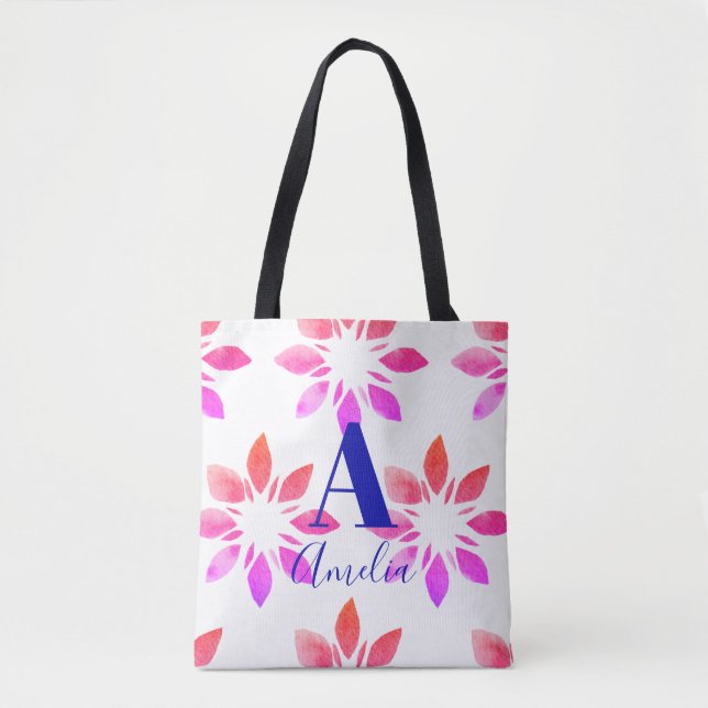Monogram Hot Pink Watercolor Retro Floral Tote Bag (Front)