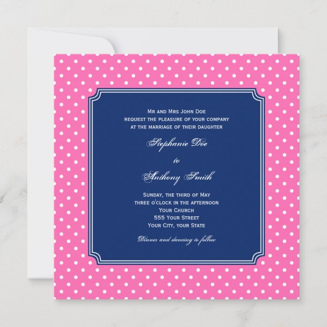 Monogram Hot Pink, White Polka Dot with Royal Blue Invitation (Front)