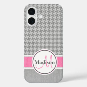 Monogram Houndstooth Grey and Pink Personalized iPhone 16 Case