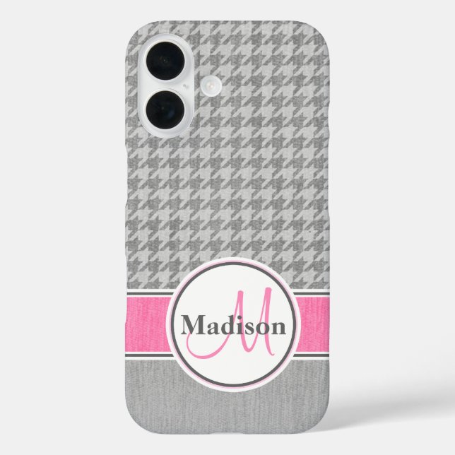 Monogram Houndstooth Grey and Pink Personalized Case-Mate iPhone Case (Back)