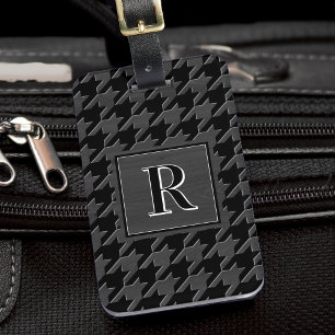 Monogram Houndstooth Pattern Black & Grey Wood Luggage Tag