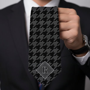 Monogram Houndstooth Pattern Black & Grey Wood Tie