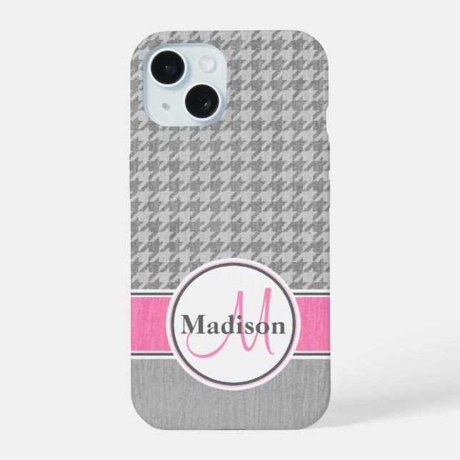 Monogram Houndstooth Pattern Grey and Pink iPhone 15 Case (Back)
