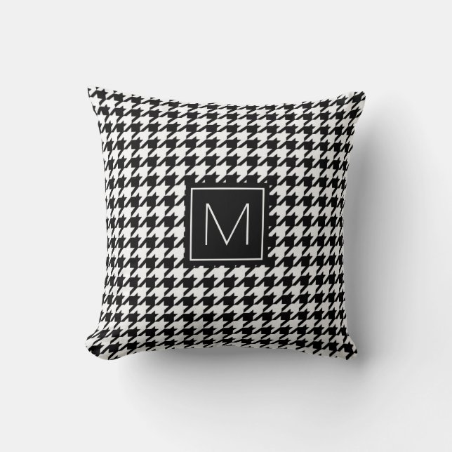 Monogram Houndstooth Pattern in Black and White Throw Pillow (Front)
