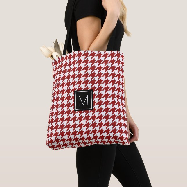 Monogram Houndstooth Pattern Red and White Tote Bag (Close Up)