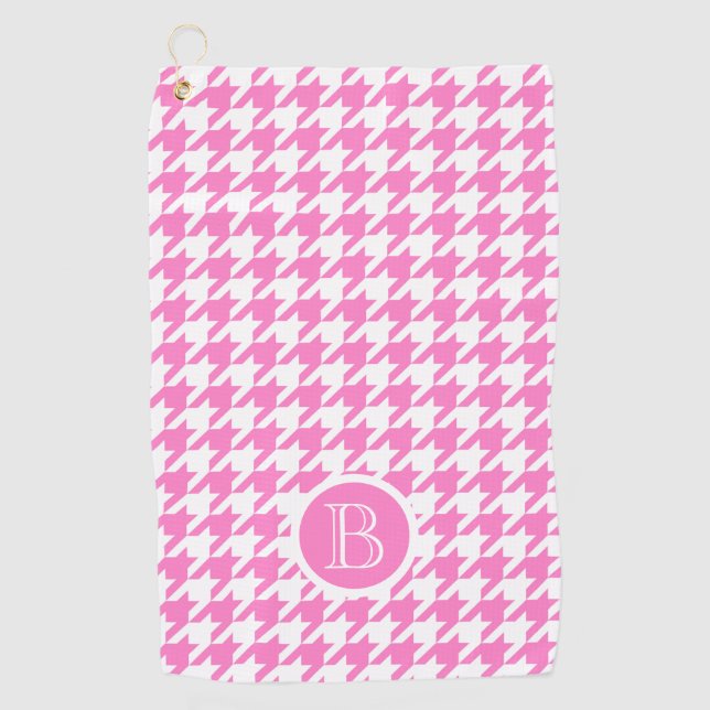 Monogram Houndstooth Style Pink white Personalized Golf Towel (Front)